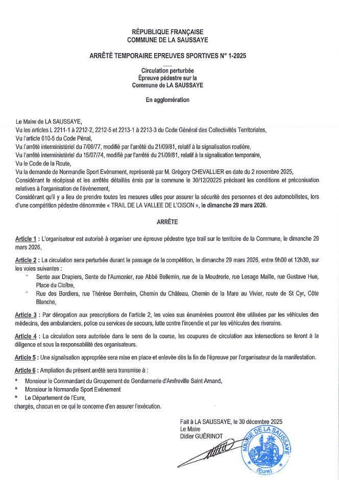Arrêté 1-2026 Trail de l'Oison