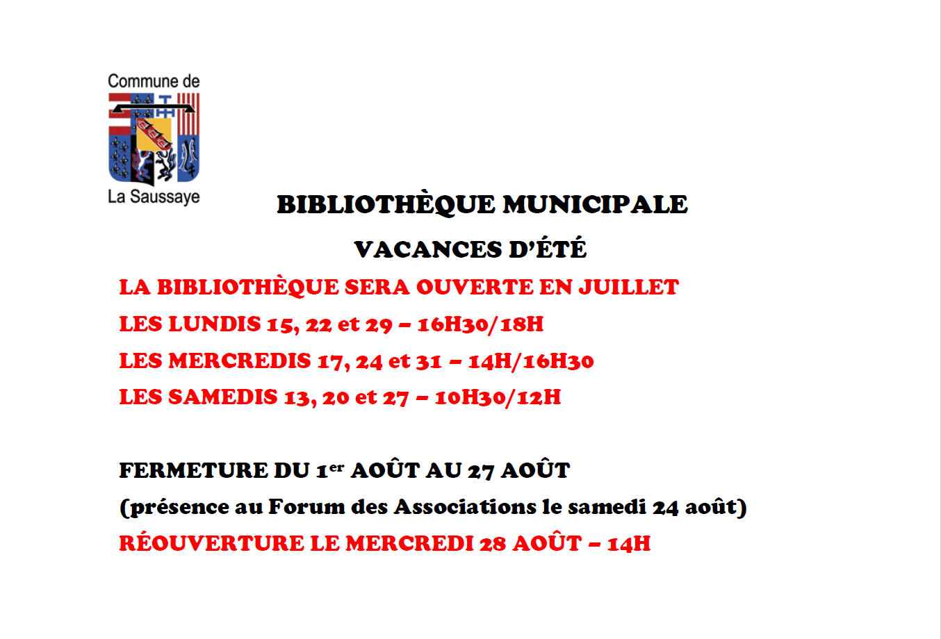 Bibliothèque horaires d'été