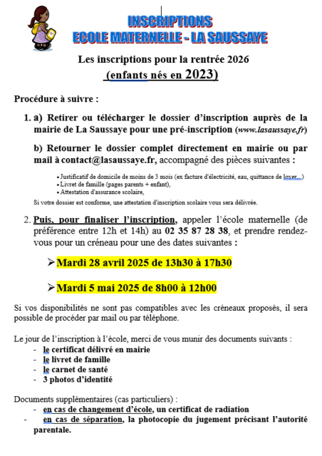 Inscriptions école maternelle 2026