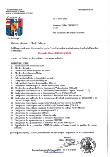 Ordre du Jour Conseil Municipal du 22 Mars 2026